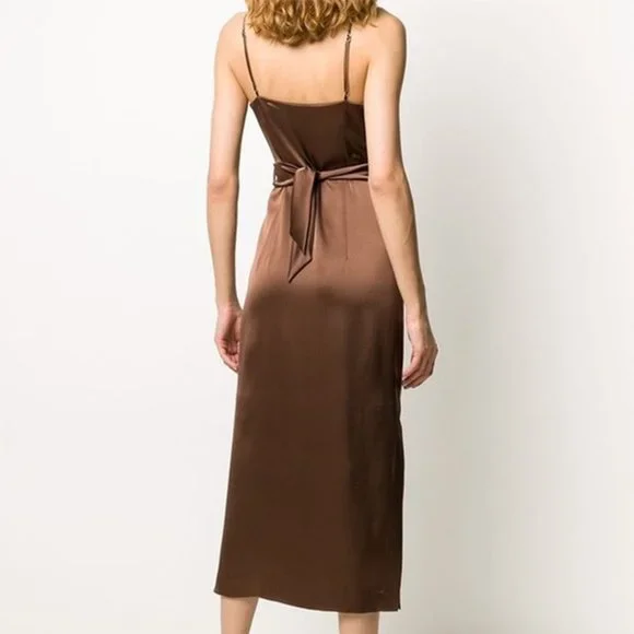 NWT Nanushka Dress Sayan Satin Spaghetti Strap Belted Wrap Tie Midi Slip Brown L - Picture 3 of 11